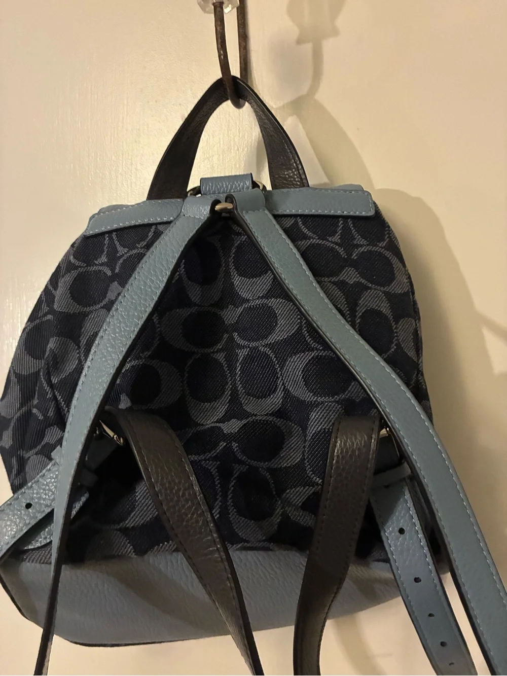 Coach Signature Canvas Backpack with Light Blue Leather Trim